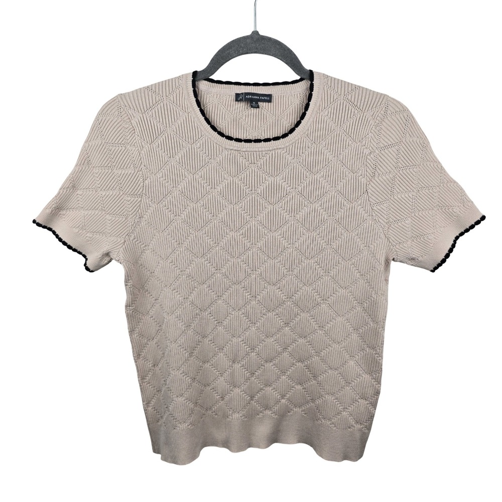 Adrianna Papell Knit Top Women Medium Beige Diamond Texture Scallop Trim